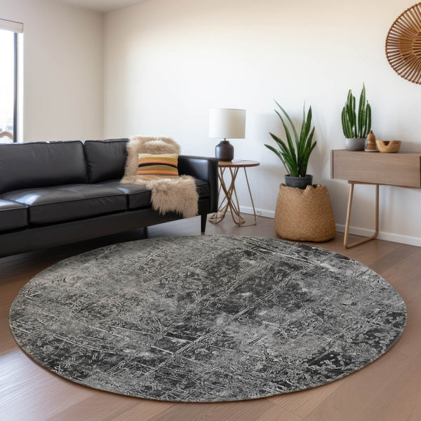HomeRoots 8' Gray And Ivory Abstract Round Rug – Washable, UV-Protected, Durable, Modern Design for Any Space 649027