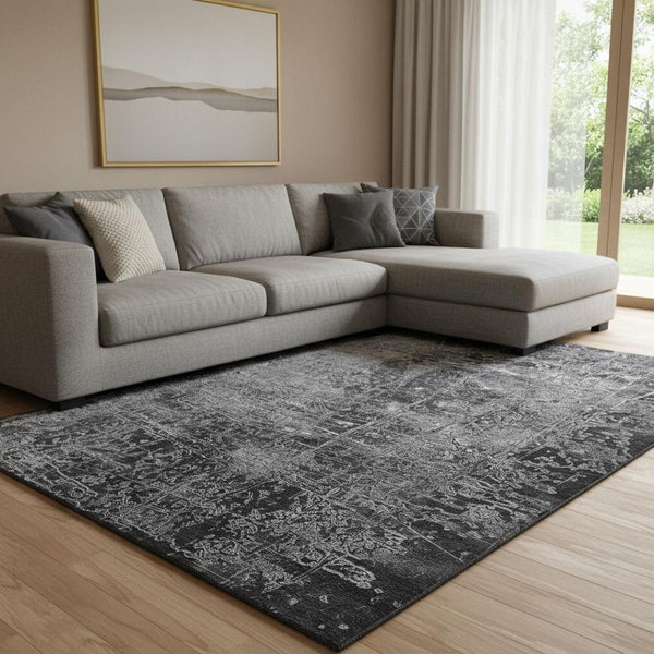 HomeRoots 9' X 12' Gray and Ivory Abstract Washable Area Rug - Stylish, Durable, UV-Protected for Everyday Living 649029
