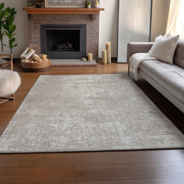 HomeRoots 8' X 10' Ivory and Cream Abstract Washable Area Rug – Durable, UV-Protected, Ideal for High-Traffic Spaces 649034