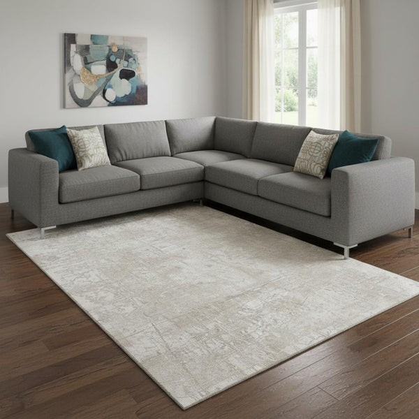HomeRoots 8' X 10' Ivory and Cream Abstract Washable Area Rug – Durable, UV-Protected, Ideal for High-Traffic Spaces 649034