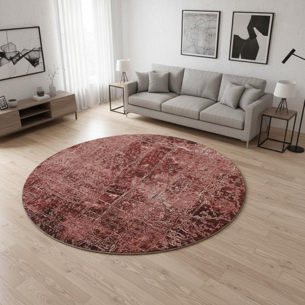 HomeRoots 8' Merlot and Ivory Abstract Round Rug - Durable, Washable, UV Protected for High-Traffic Areas 649039