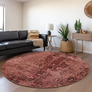HomeRoots 8' Merlot and Ivory Abstract Round Rug - Durable, Washable, UV Protected for High-Traffic Areas 649039