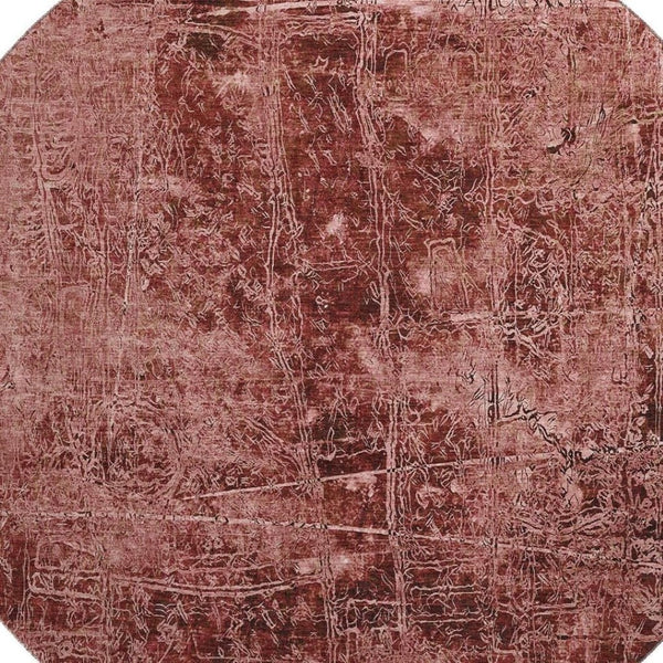 HomeRoots 8' Merlot and Ivory Abstract Round Rug - Durable, Washable, UV Protected for High-Traffic Areas 649039