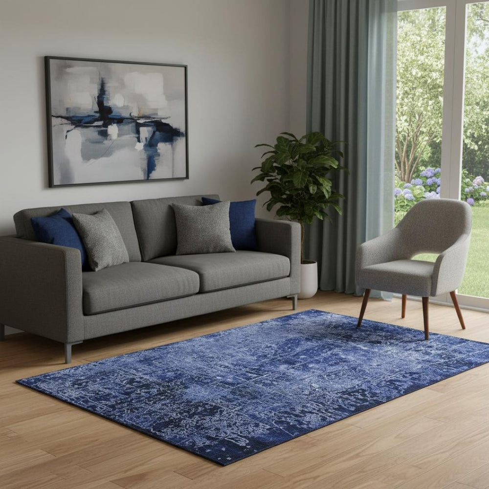HomeRoots 5' X 8' Navy Blue & Ivory Abstract Area Rug - Stylish, Washable, UV-Protected for Everyday Living 649044