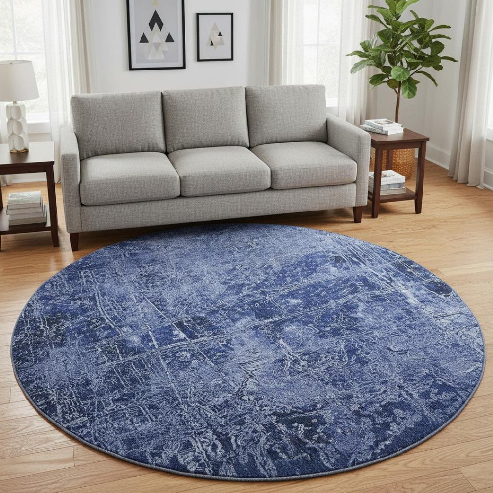 HomeRoots 8' Navy Blue & Ivory Abstract Washable Round Rug - UV Resistant, Stain-Repellent, Perfect for Families 649045