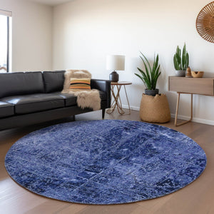 HomeRoots 8' Navy Blue & Ivory Abstract Washable Round Rug - UV Resistant, Stain-Repellent, Perfect for Families 649045