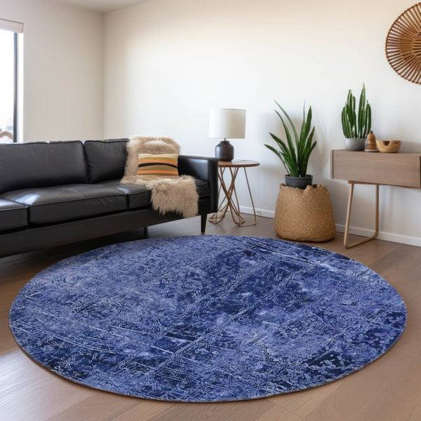HomeRoots 8' Navy Blue & Ivory Abstract Washable Round Rug - UV Resistant, Stain-Repellent, Perfect for Families 649045