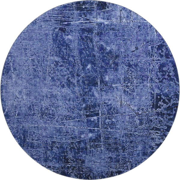 HomeRoots 8' Navy Blue & Ivory Abstract Washable Round Rug - UV Resistant, Stain-Repellent, Perfect for Families 649045