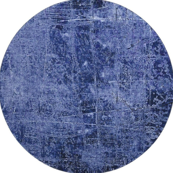 HomeRoots 8' Navy Blue & Ivory Abstract Washable Round Rug - UV Resistant, Stain-Repellent, Perfect for Families 649045