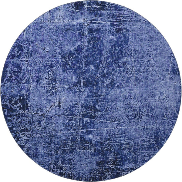 HomeRoots 8' Navy Blue & Ivory Abstract Washable Round Rug - UV Resistant, Stain-Repellent, Perfect for Families 649045