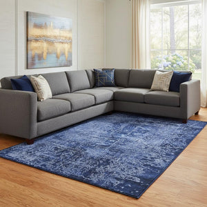 HomeRoots 8' X 10' Navy Blue and Ivory Abstract Area Rug - Washable, UV-Protected, Modern Style for Busy Homes 649046