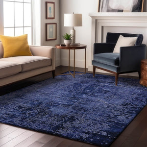HomeRoots 9' X 12' Navy Blue And Ivory Abstract Washable Area Rug - Durable, UV Protected & Stain-Resistant Design 649047