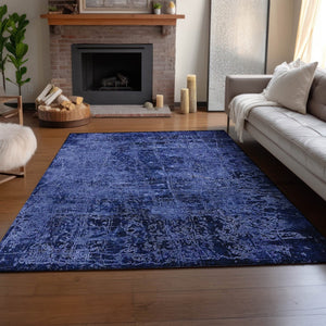 HomeRoots 9' X 12' Navy Blue And Ivory Abstract Washable Area Rug - Durable, UV Protected & Stain-Resistant Design 649047