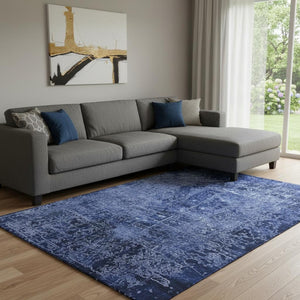 HomeRoots 9' X 12' Navy Blue And Ivory Abstract Washable Area Rug - Durable, UV Protected & Stain-Resistant Design 649047