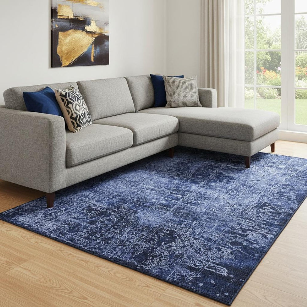HomeRoots 10' Navy Blue and Ivory Abstract Washable Area Rug – Durable, Stylish, and UV-Protected for Homes 649048