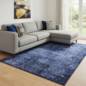HomeRoots 10' Navy Blue and Ivory Abstract Washable Area Rug – Durable, Stylish, and UV-Protected for Homes 649048