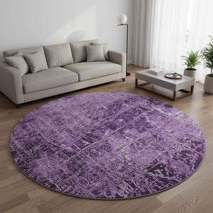 HomeRoots 8' Purple And Ivory Abstract Washable Round Rug – UV Protected, Durable, Stylish, and Easy to Clean! 649051