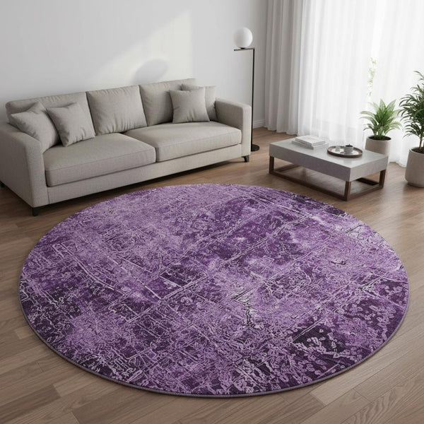 HomeRoots 8' Purple And Ivory Abstract Washable Round Rug – UV Protected, Durable, Stylish, and Easy to Clean! 649051