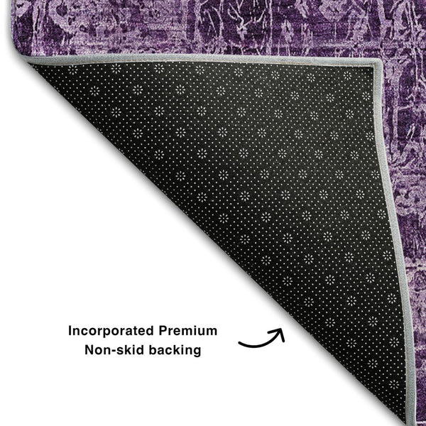 HomeRoots 8' Purple And Ivory Abstract Washable Round Rug – UV Protected, Durable, Stylish, and Easy to Clean! 649051