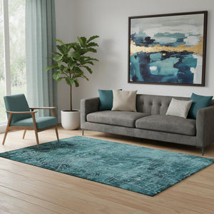 HomeRoots 5' X 8' Teal And Ivory Abstract Area Rug - Washable, UV-Protected, Ideal for Modern Spaces! 649056