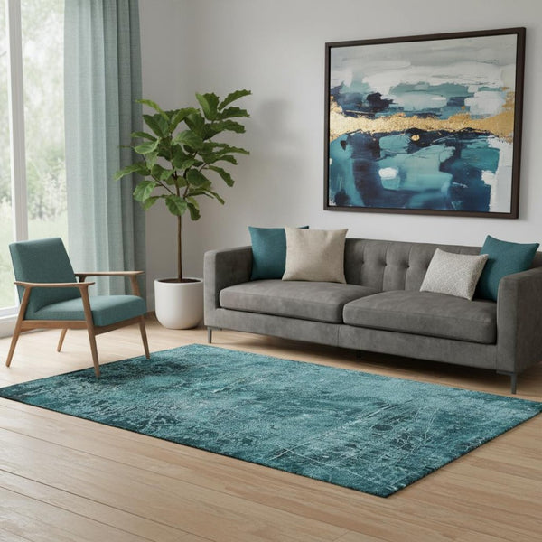 HomeRoots 5' X 8' Teal And Ivory Abstract Area Rug - Washable, UV-Protected, Ideal for Modern Spaces! 649056