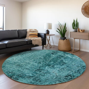 HomeRoots 8' Teal And Ivory Abstract Round Washable Rug with UV Protection, Ideal for Busy Homes & Patios 649057