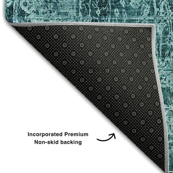 HomeRoots 8' Teal And Ivory Abstract Round Washable Rug with UV Protection, Ideal for Busy Homes & Patios 649057