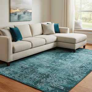 HomeRoots 8' X 10' Teal and Ivory Abstract Area Rug – Washable, UV-Protected, Perfect for High-Traffic Spaces 649058