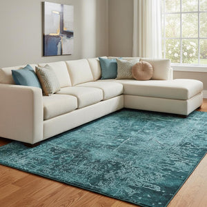 HomeRoots 10' X 14' Teal And Ivory Abstract Area Rug - Stylish, Washable, UV-Protected, Stain-Resistant Design! 649060