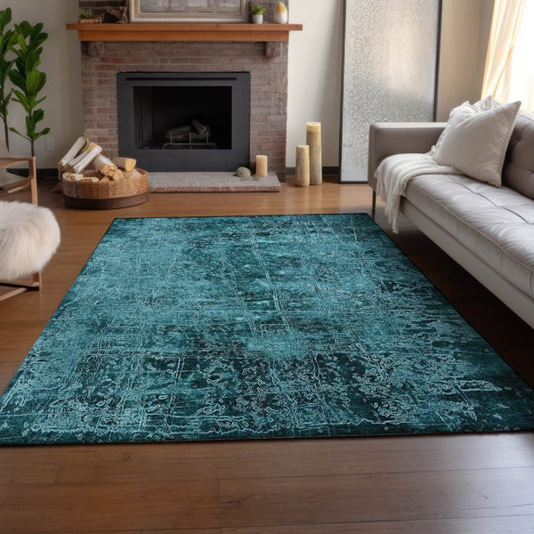 HomeRoots 10' X 14' Teal And Ivory Abstract Area Rug - Stylish, Washable, UV-Protected, Stain-Resistant Design! 649060
