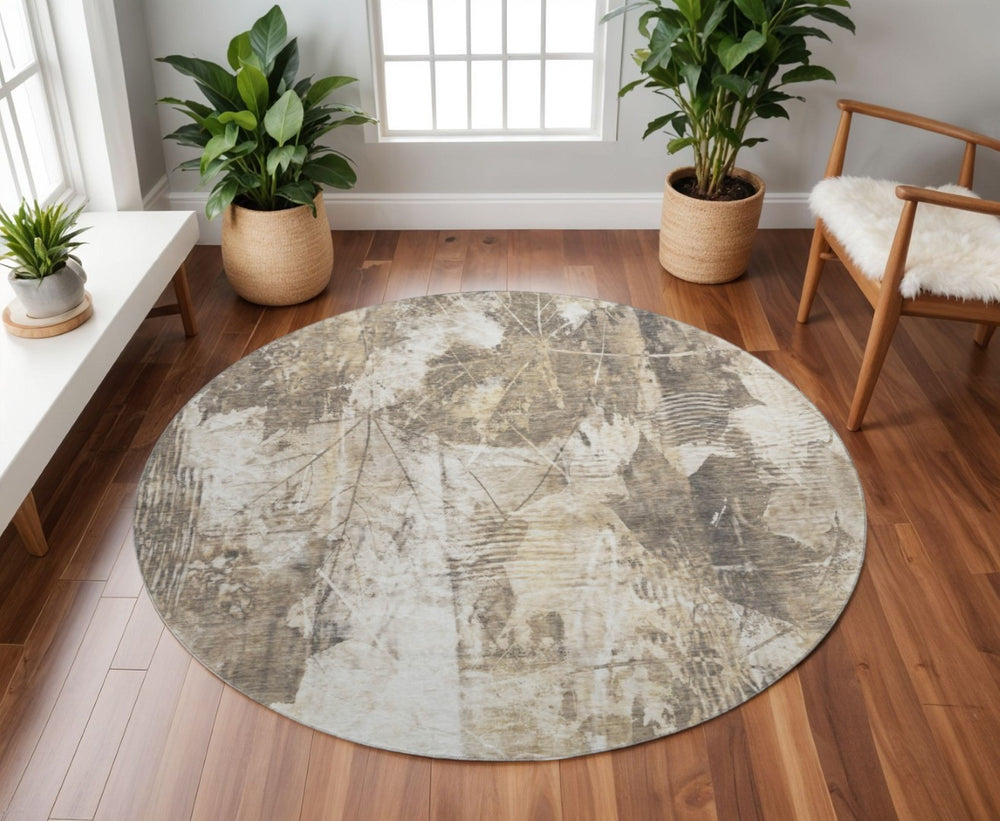 HomeRoots 8' Beige and Ivory Floral Washable Round Rug – Stylish, Durable, UV Protected for Homes with Kids & Pets 649063