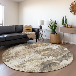 HomeRoots 8' Beige and Ivory Floral Washable Round Rug – Stylish, Durable, UV Protected for Homes with Kids & Pets 649063