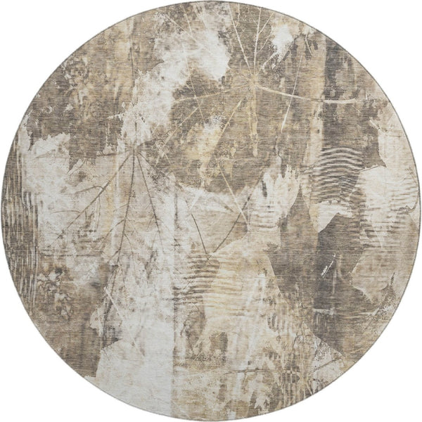 HomeRoots 8' Beige and Ivory Floral Washable Round Rug – Stylish, Durable, UV Protected for Homes with Kids & Pets 649063