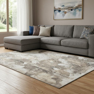 HomeRoots 8' X 10' Beige and Ivory Floral Area Rug - Washable, Stain Resistant, UV Protected for Any Space 649064