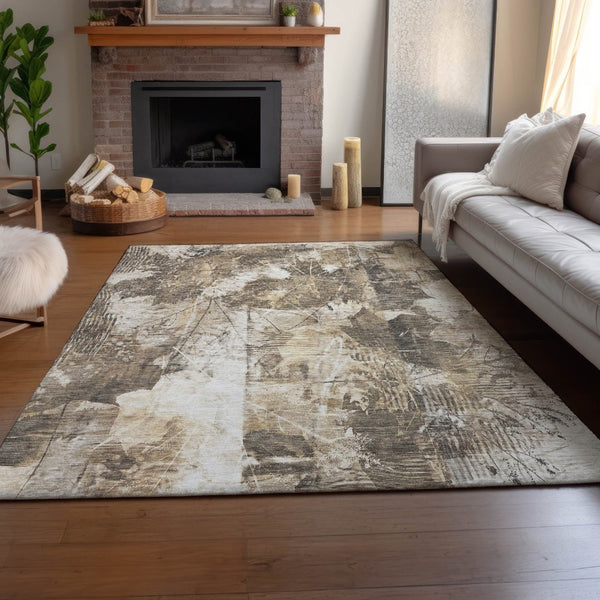 HomeRoots 8' X 10' Beige and Ivory Floral Area Rug - Washable, Stain Resistant, UV Protected for Any Space 649064