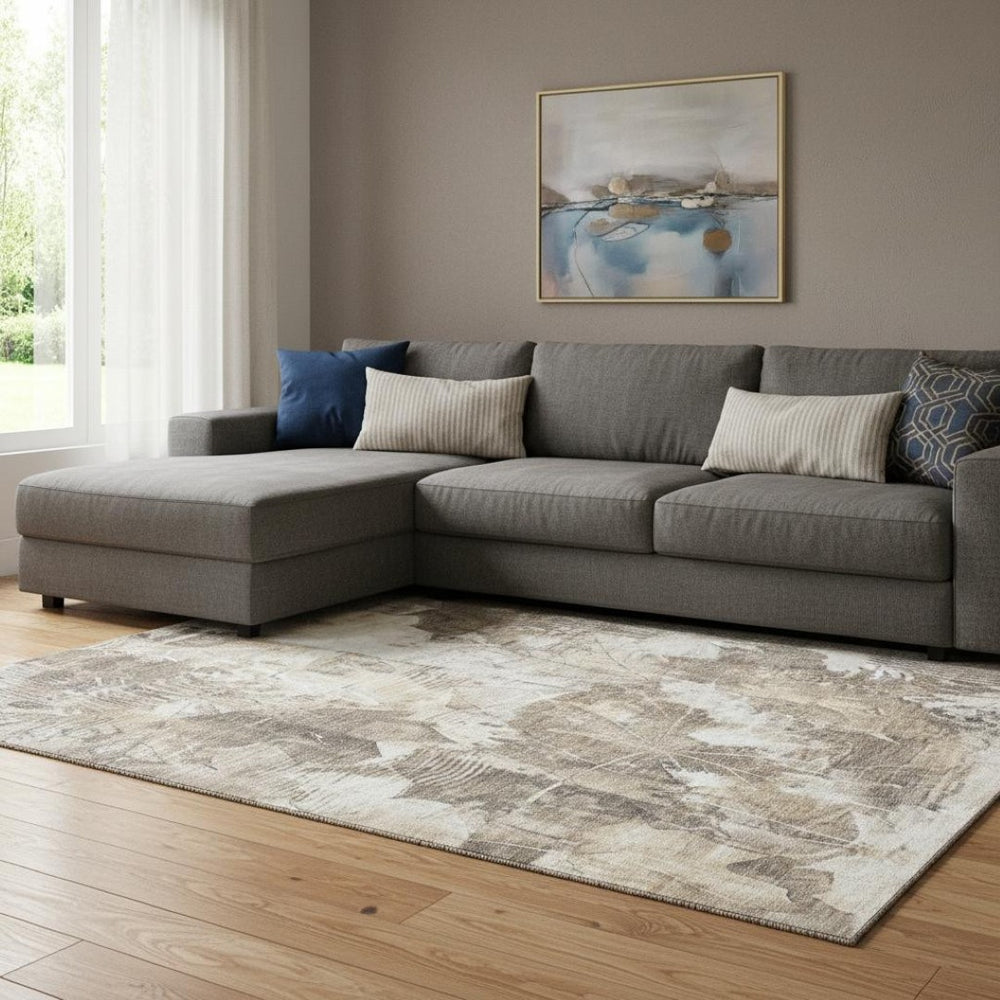 HomeRoots 10' X 14' Beige & Ivory Floral Washable Area Rug - Durable, UV-Protected Beauty for High-Traffic Spaces 649066