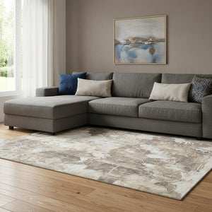 HomeRoots 10' X 14' Beige & Ivory Floral Washable Area Rug - Durable, UV-Protected Beauty for High-Traffic Spaces 649066