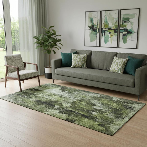 HomeRoots 5' X 8' Green and Ivory Floral Washable Area Rug - UV Protected, Durable, and Stain Resistant Elegance 649068