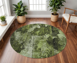 HomeRoots 8' Green and Ivory Washable Round Floral Rug - Stain Resistant, UV Protected, Perfect for Busy Homes! 649069