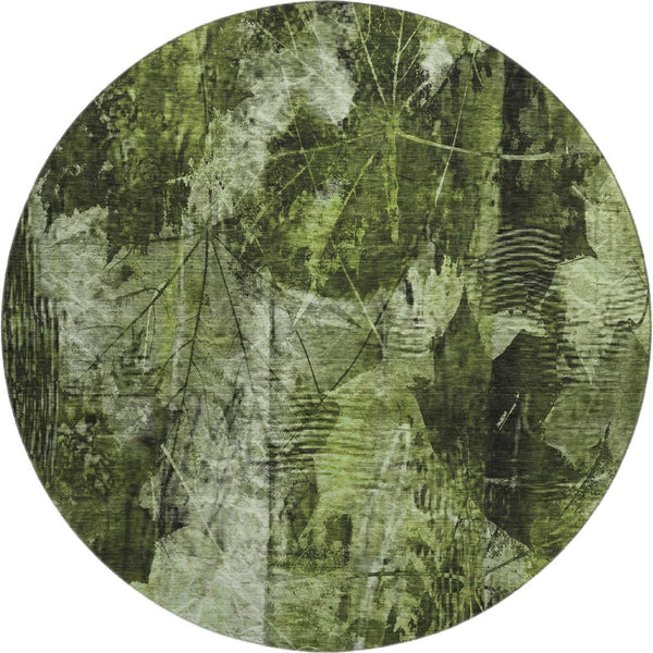HomeRoots 8' Green and Ivory Washable Round Floral Rug - Stain Resistant, UV Protected, Perfect for Busy Homes! 649069