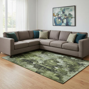 HomeRoots 9' X 12' Green And Ivory Floral Area Rug – Durable, Washable, UV-Protected for Homes with Kids & Pets 649071