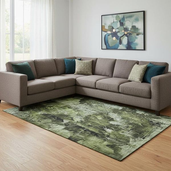 HomeRoots 9' X 12' Green And Ivory Floral Area Rug – Durable, Washable, UV-Protected for Homes with Kids & Pets 649071