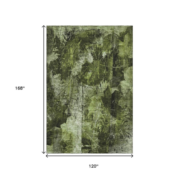 HomeRoots 10' X 14' Green And Ivory Floral Area Rug – Durable, Washable, UV-Protected for High-Traffic Spaces 649072