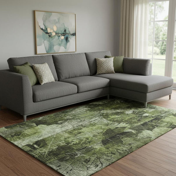 HomeRoots 10' X 14' Green And Ivory Floral Area Rug – Durable, Washable, UV-Protected for High-Traffic Spaces 649072