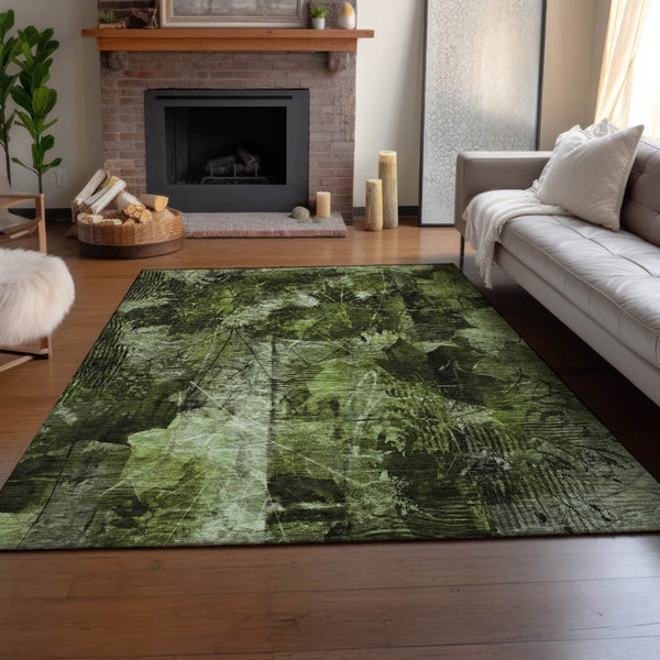 HomeRoots 10' X 14' Green And Ivory Floral Area Rug – Durable, Washable, UV-Protected for High-Traffic Spaces 649072