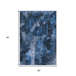 HomeRoots 5' X 8' Navy Blue & Ivory Floral Area Rug - Washable, UV Protected, Perfect for Homes with Kids & Pets 649074
