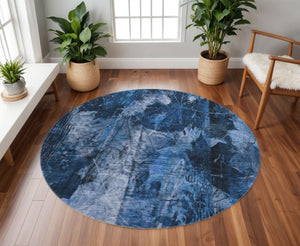 HomeRoots 8' Navy Blue Floral Washable Round Area Rug - Stain Resistant, UV Protected, Perfect for Any Home 649075