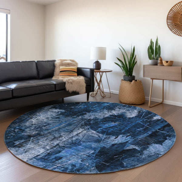 HomeRoots 8' Navy Blue Floral Washable Round Area Rug - Stain Resistant, UV Protected, Perfect for Any Home 649075