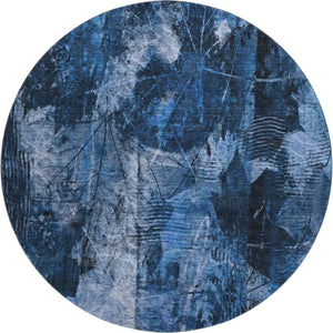 HomeRoots 8' Navy Blue Floral Washable Round Area Rug - Stain Resistant, UV Protected, Perfect for Any Home 649075