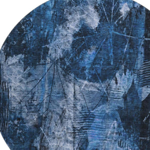 HomeRoots 8' Navy Blue Floral Washable Round Area Rug - Stain Resistant, UV Protected, Perfect for Any Home 649075